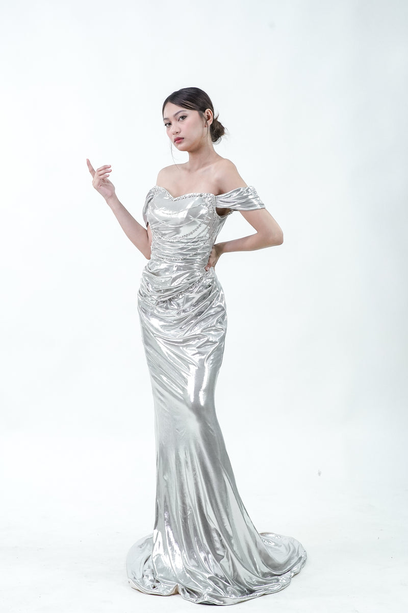 Metallic Silver Off-Shoulder Evening Gown - Noelle West Bridals