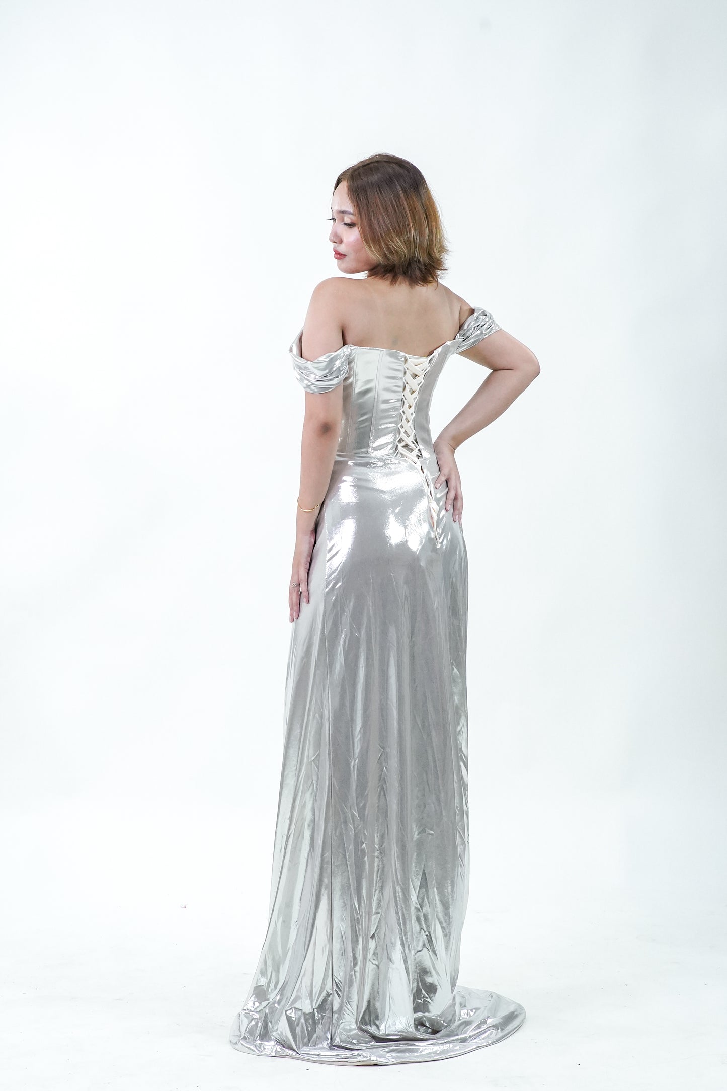 Metallic Silver Floral Off-Shoulder Evening Gown - Noelle West Bridals