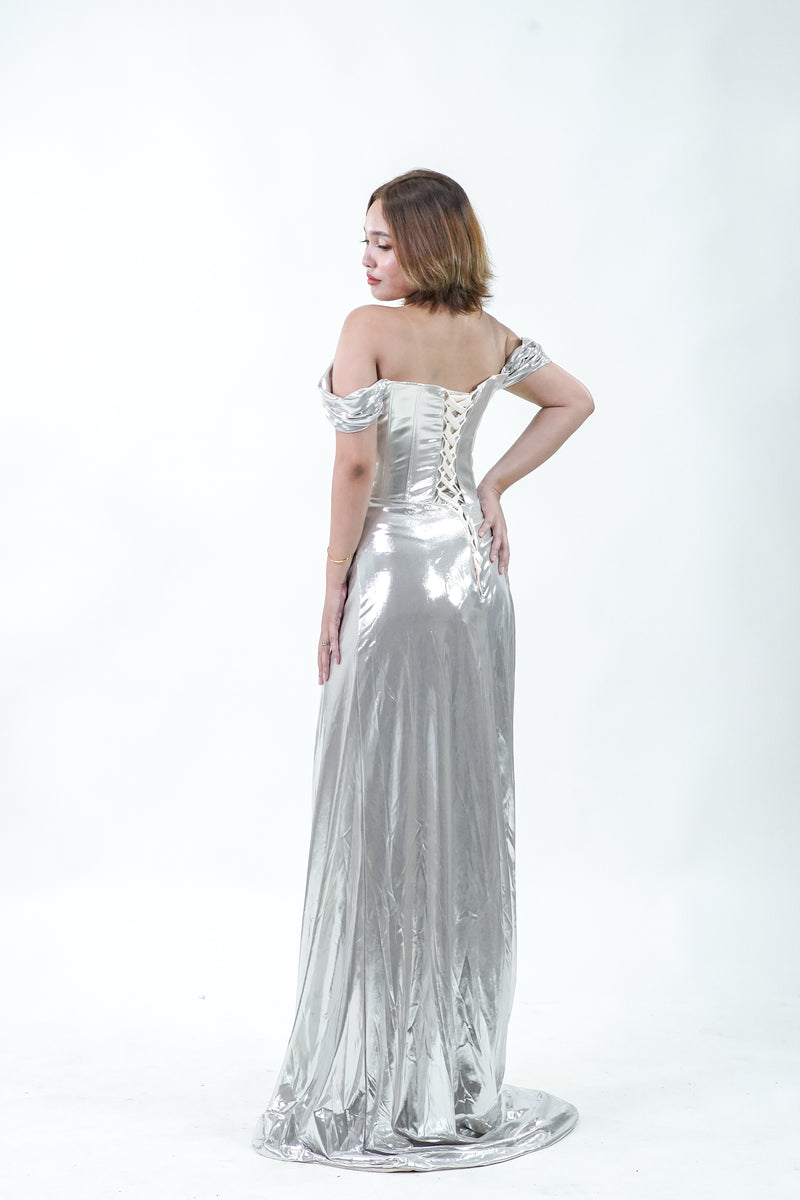 Metallic Silver Floral Off-Shoulder Evening Gown - Noelle West Bridals