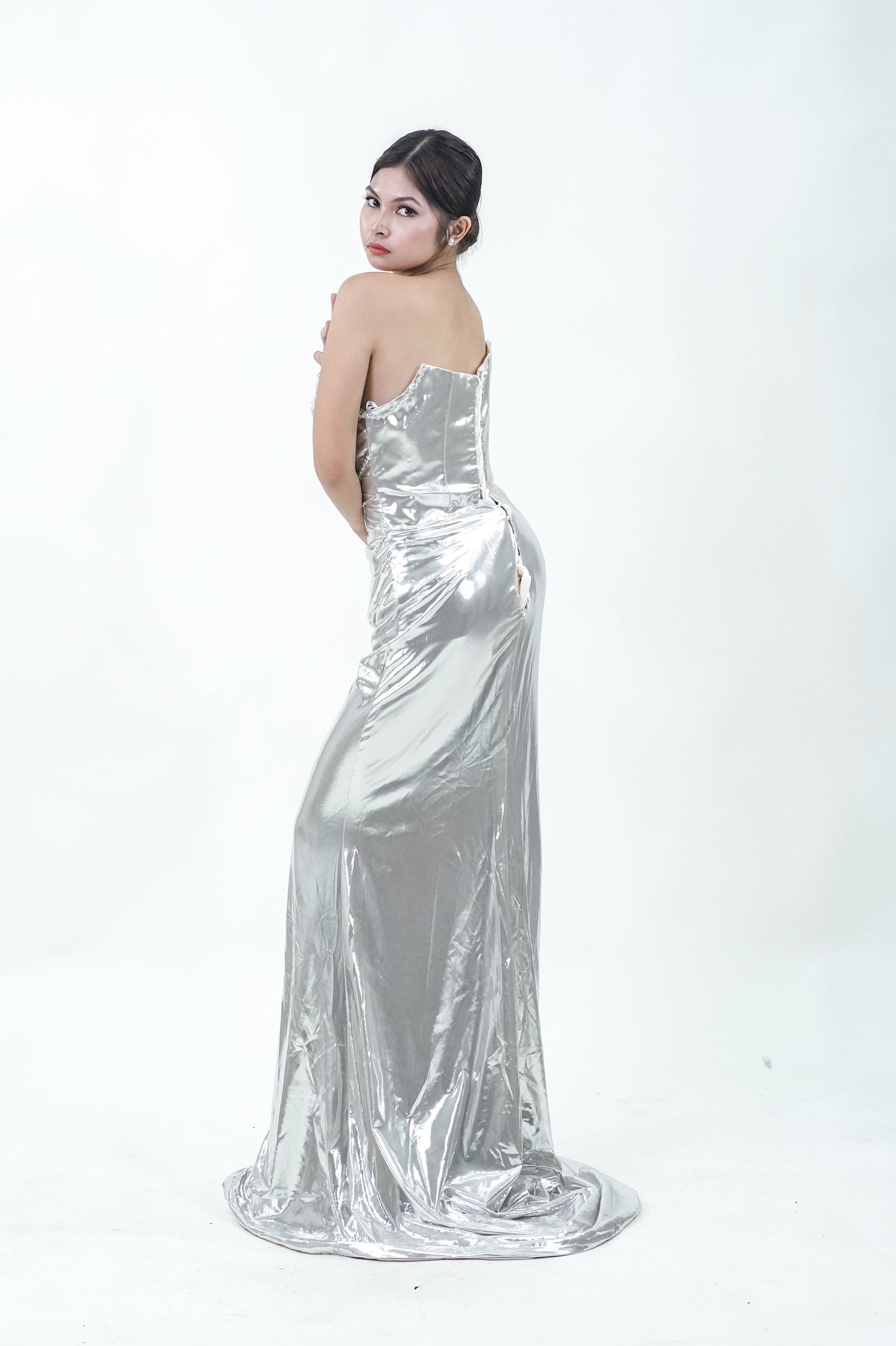 Metallic Silver Elegant Evening Gown - Noelle West Bridals