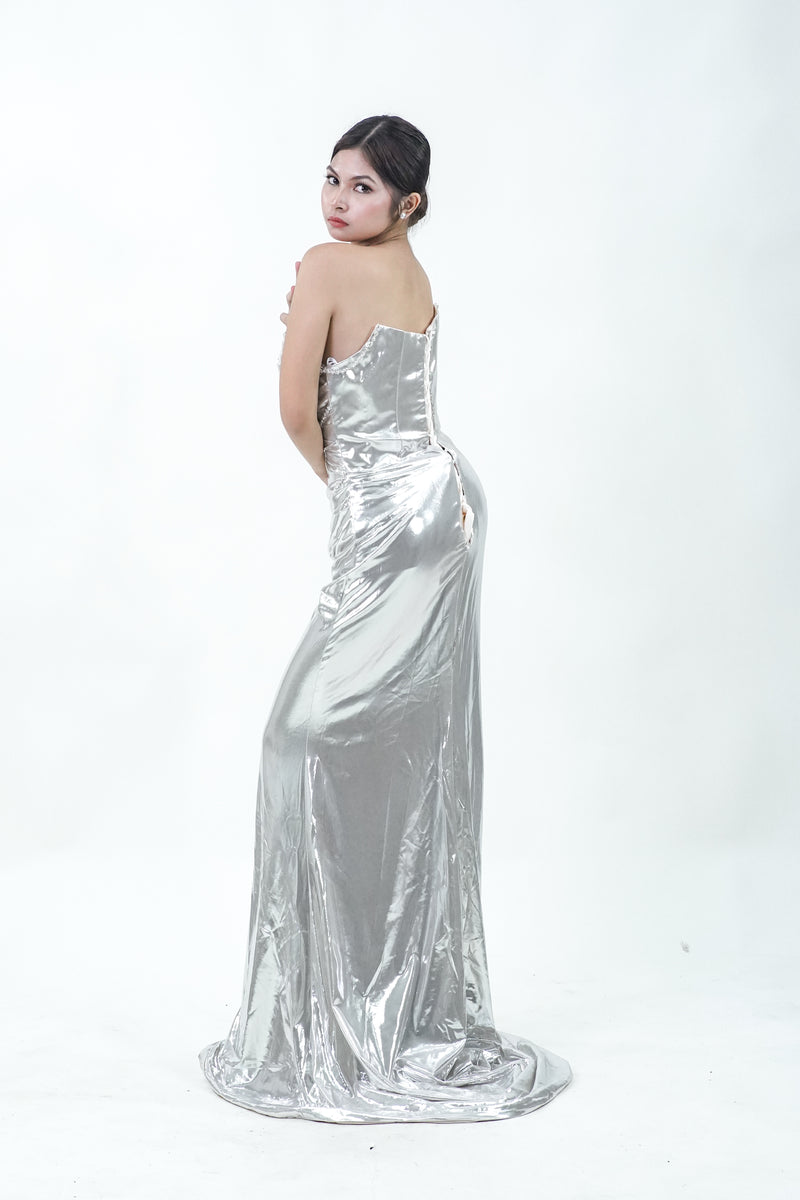 Metallic Silver Elegant Evening Gown - Noelle West Bridals