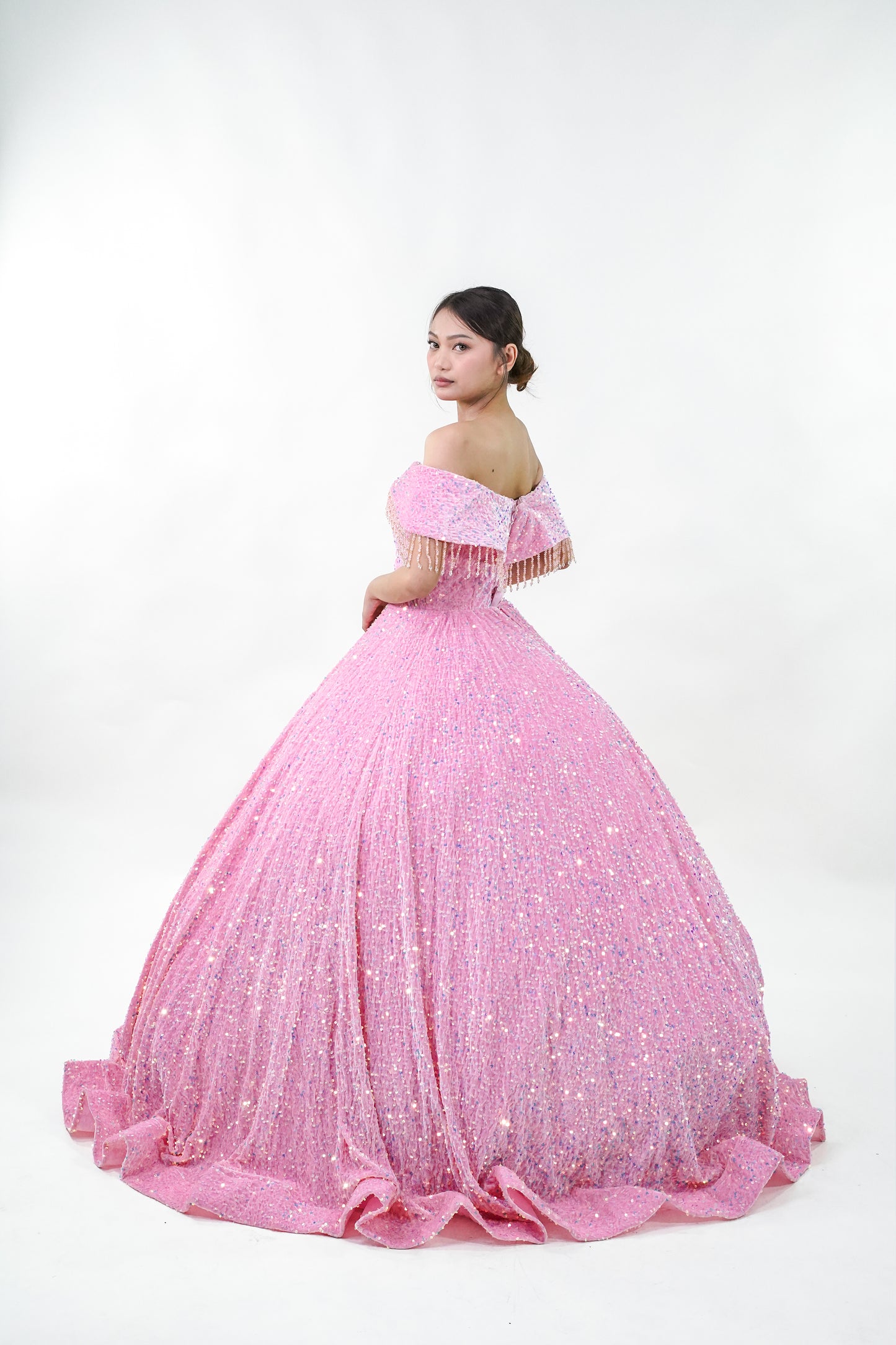 Off-Shoulder Sequined Pink Ball Gown - Noelle West Bridals