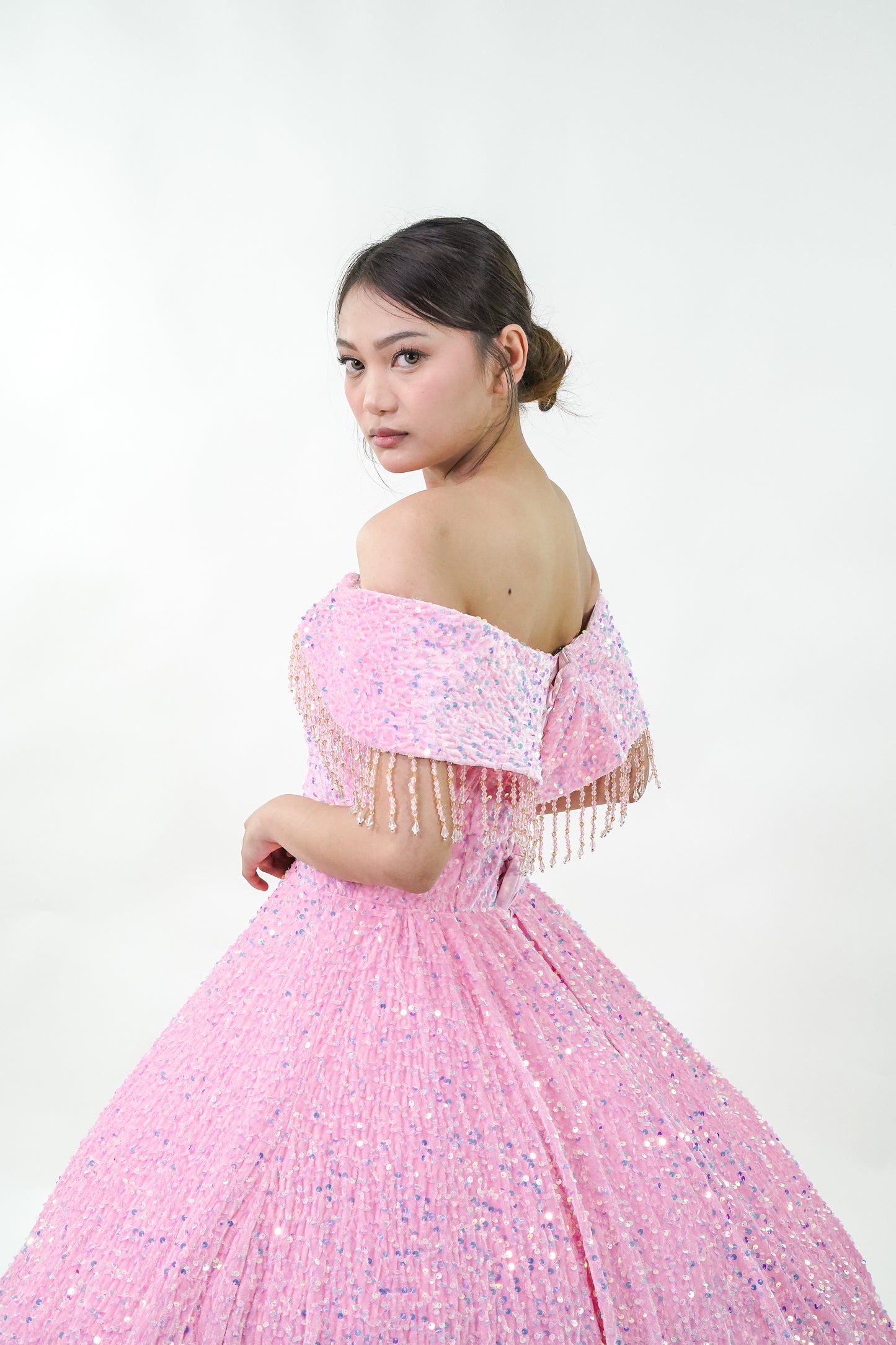 Off-Shoulder Sequined Pink Ball Gown - Noelle West Bridals