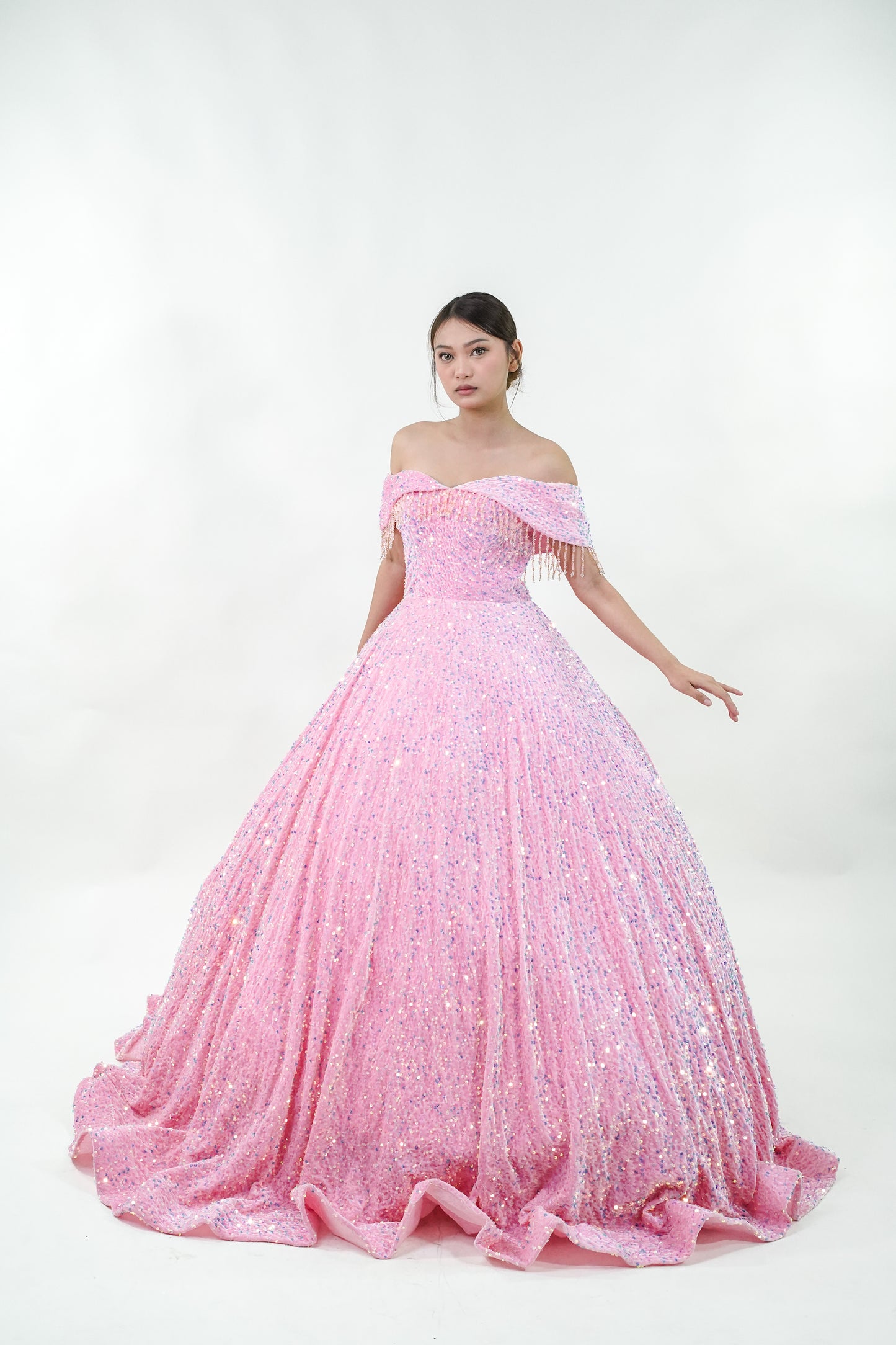 Off-Shoulder Sequined Pink Ball Gown - Noelle West Bridals