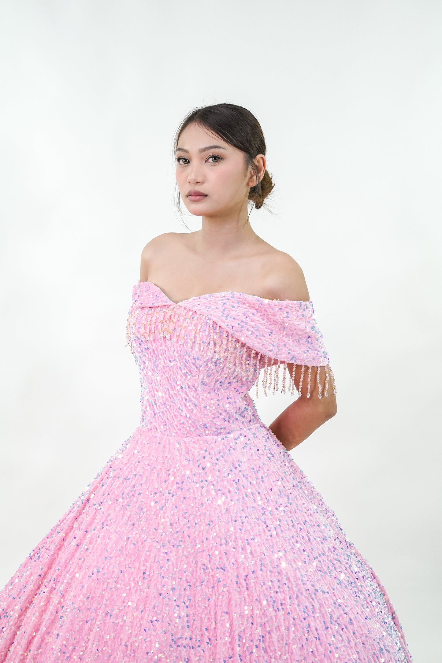 Off-Shoulder Sequined Pink Ball Gown - Noelle West Bridals