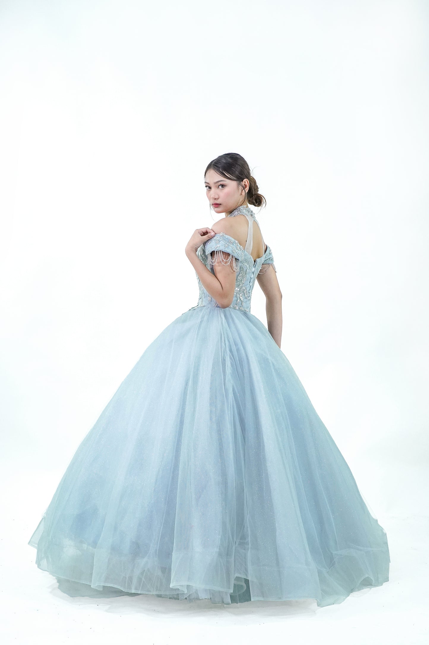 Halter Off Shoulder Blue Ball Gown - Noelle West Bridals