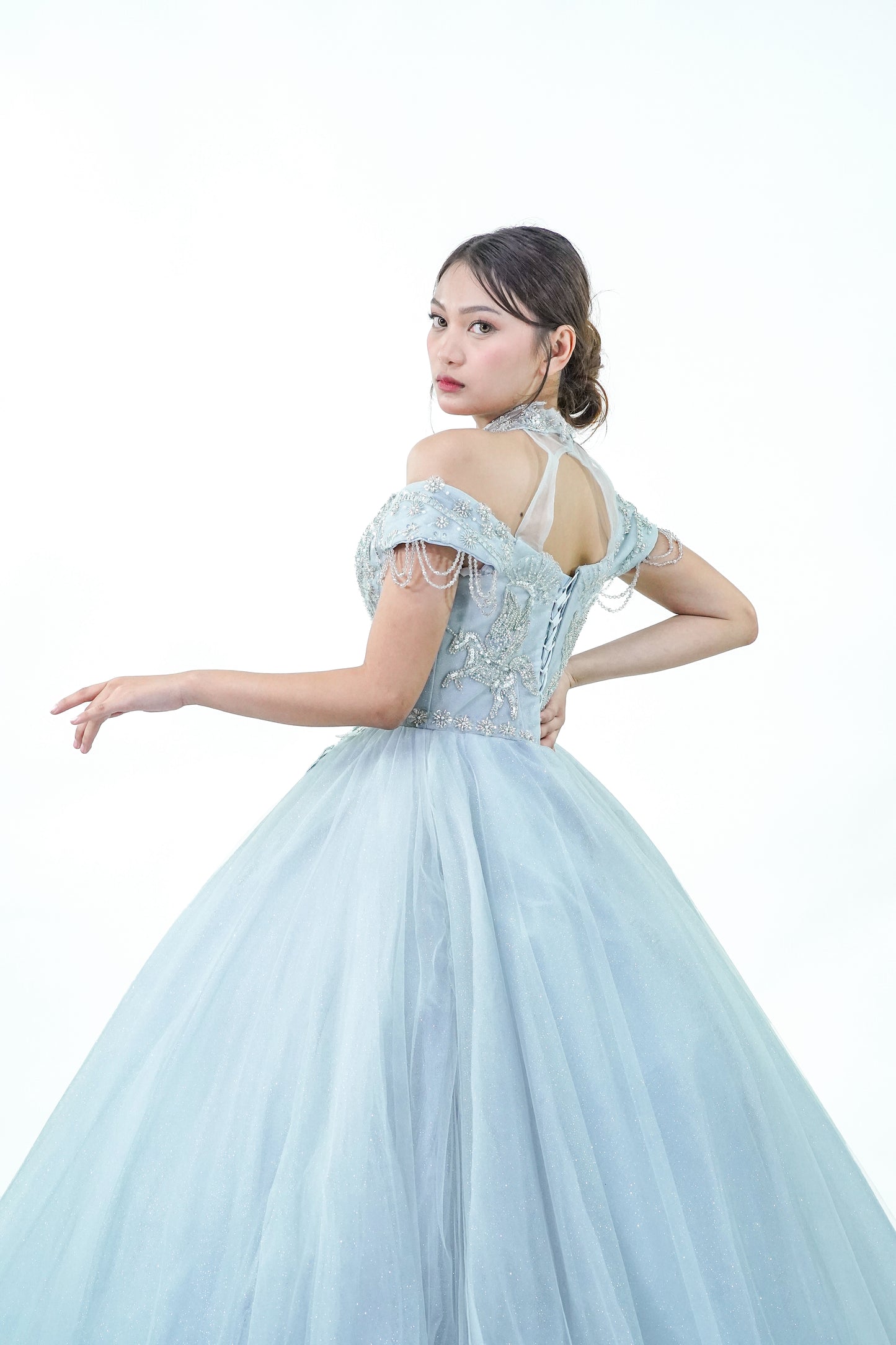 Halter Off Shoulder Blue Ball Gown - Noelle West Bridals