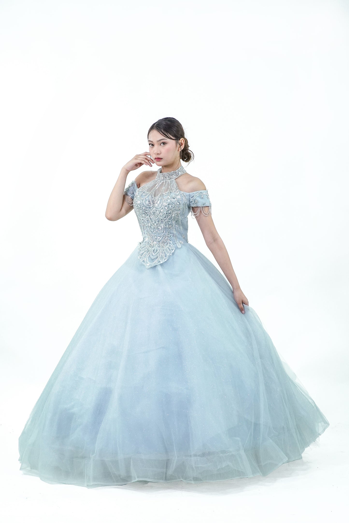 Halter Off Shoulder Blue Ball Gown - Noelle West Bridals