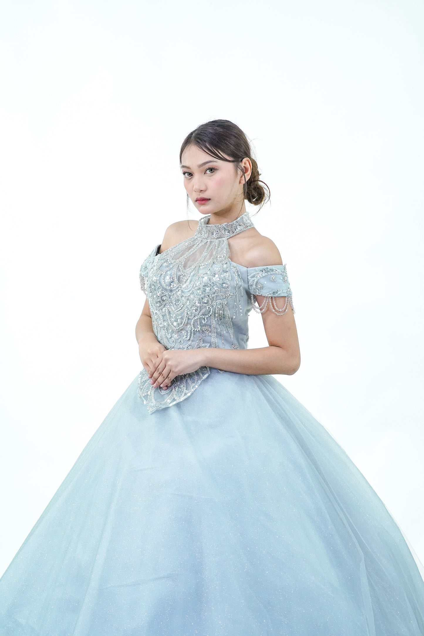 Halter Off Shoulder Blue Ball Gown - Noelle West Bridals