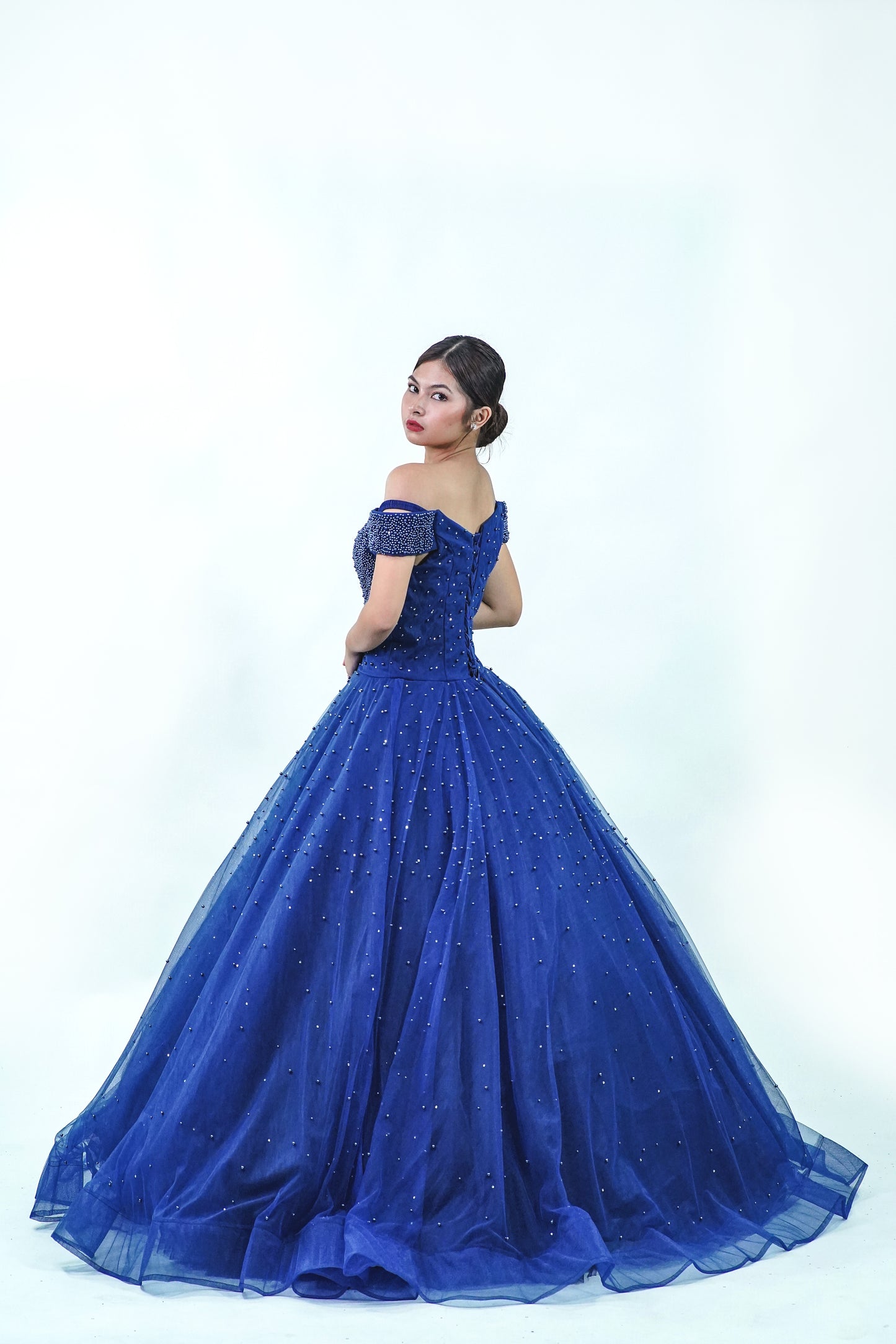 Off-Shoulder Midnight Blue Ball Gown - Noelle West Bridals