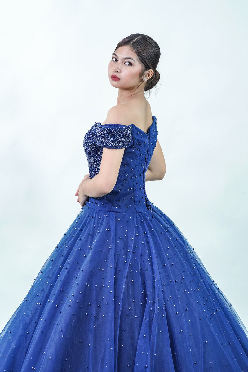 Off-Shoulder Midnight Blue Ball Gown - Noelle West Bridals