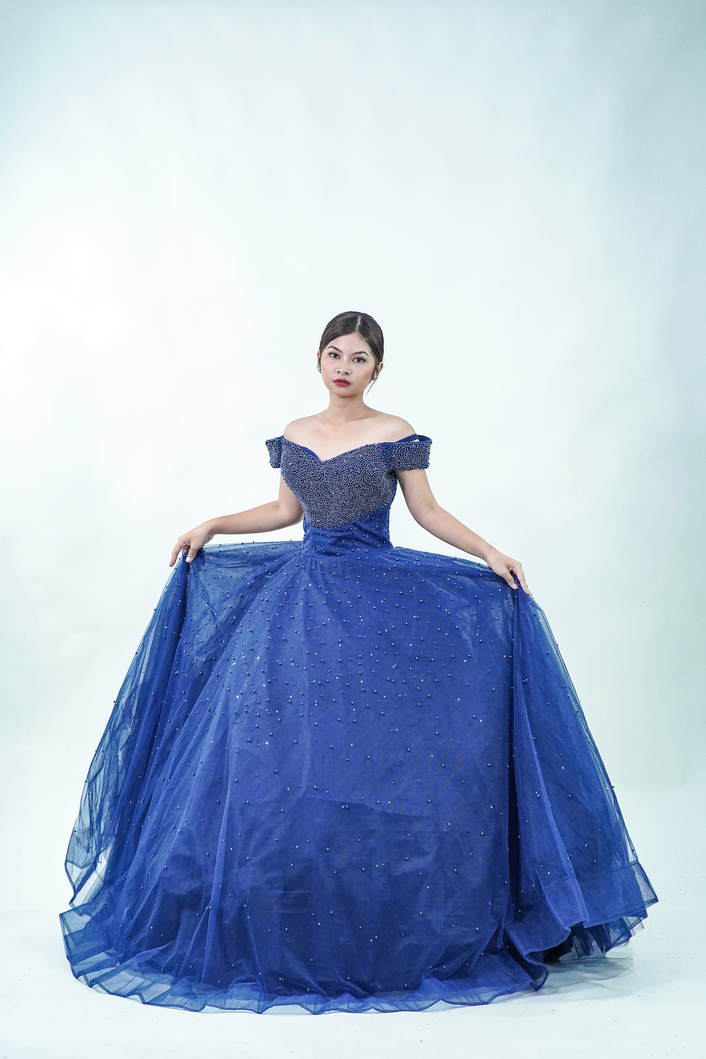 Off-Shoulder Midnight Blue Ball Gown - Noelle West Bridals