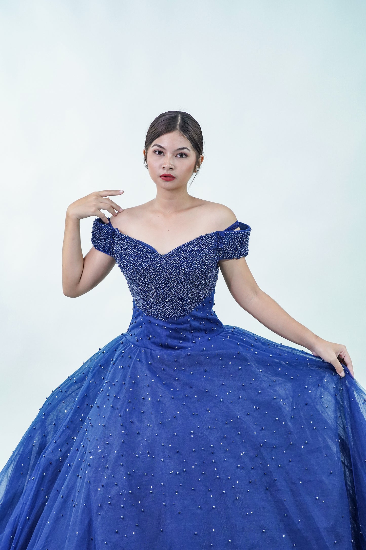 Off-Shoulder Midnight Blue Ball Gown - Noelle West Bridals