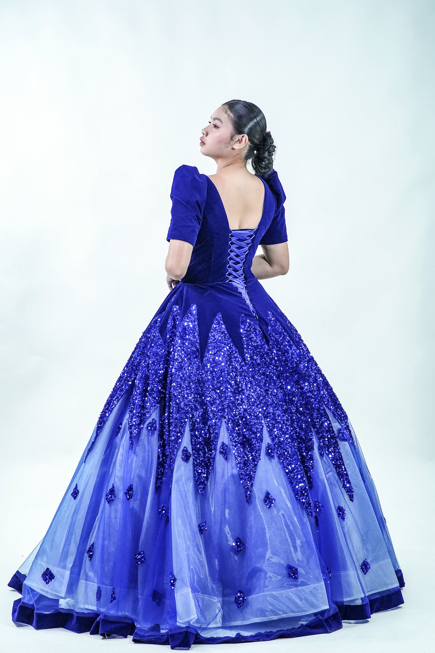 Puffed Sleeve Filipiniana Velvet Midnight Blue Ball Gown - Noelle West Bridals