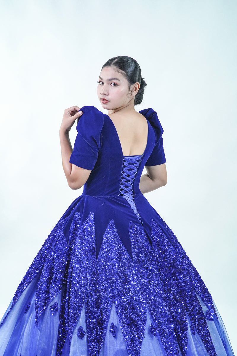 Puffed Sleeve Filipiniana Velvet Midnight Blue Ball Gown - Noelle West Bridals