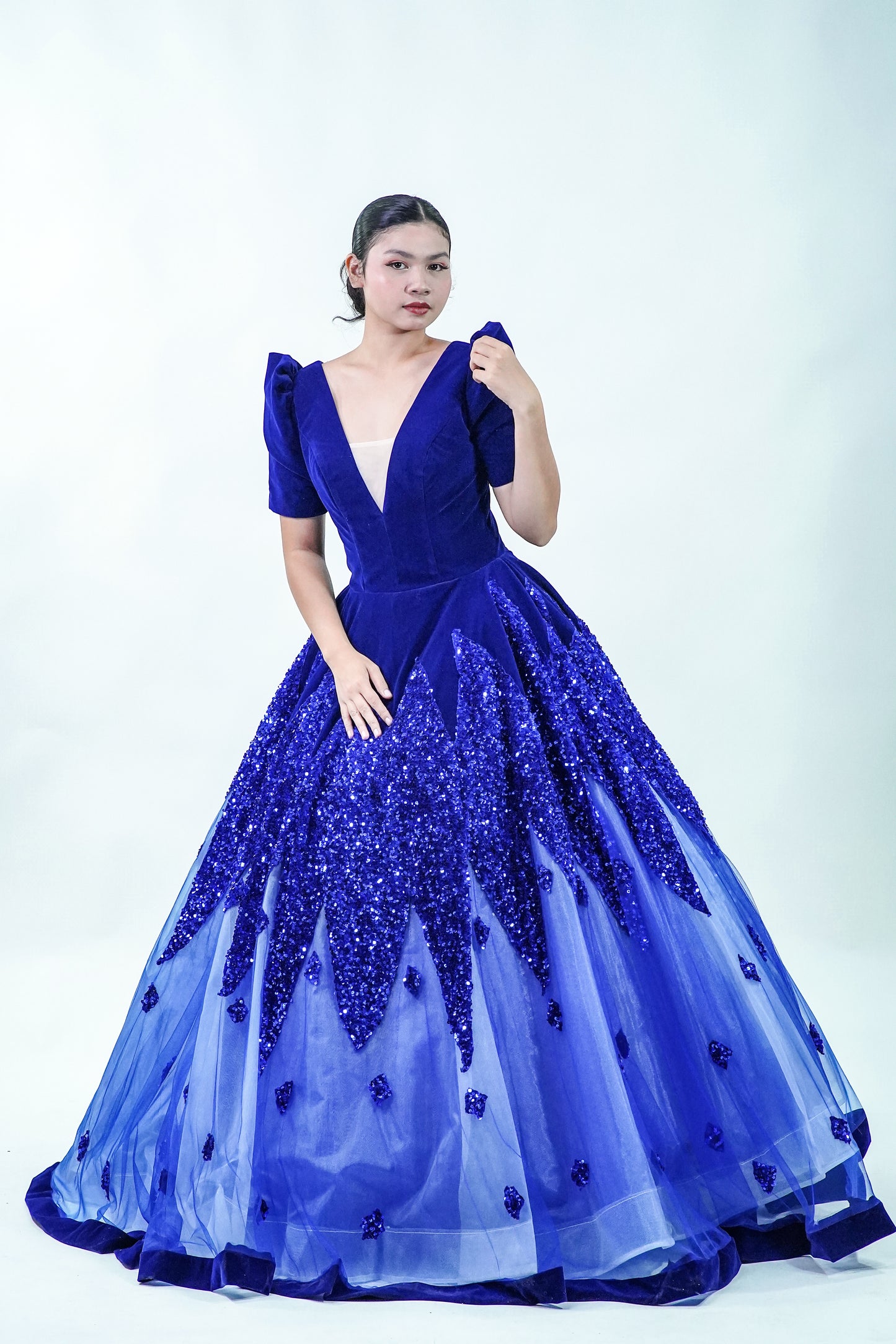 Puffed Sleeve Filipiniana Velvet Midnight Blue Ball Gown - Noelle West Bridals