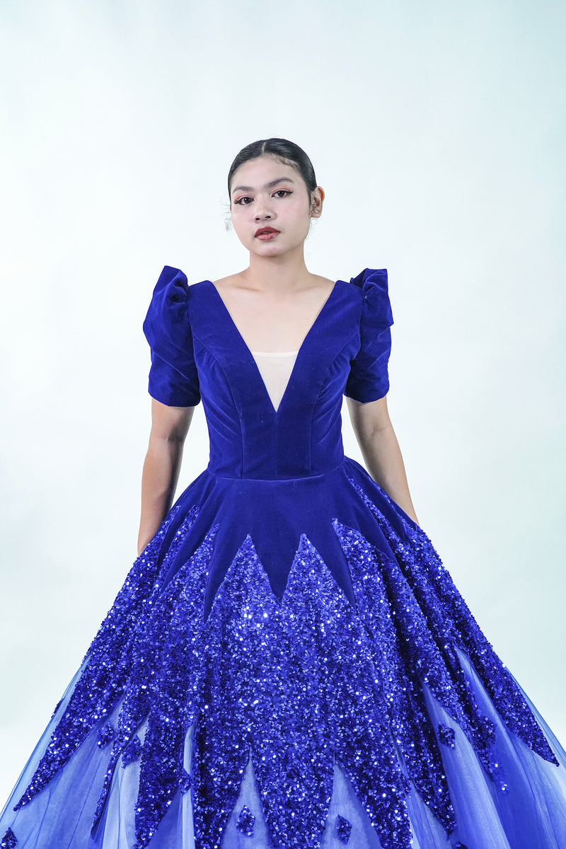 Puffed Sleeve Filipiniana Velvet Midnight Blue Ball Gown - Noelle West Bridals