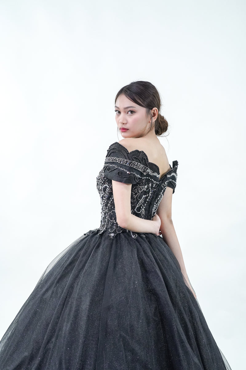 Off-Shoulder Midnight Black Ball Gown - Noelle West Bridals