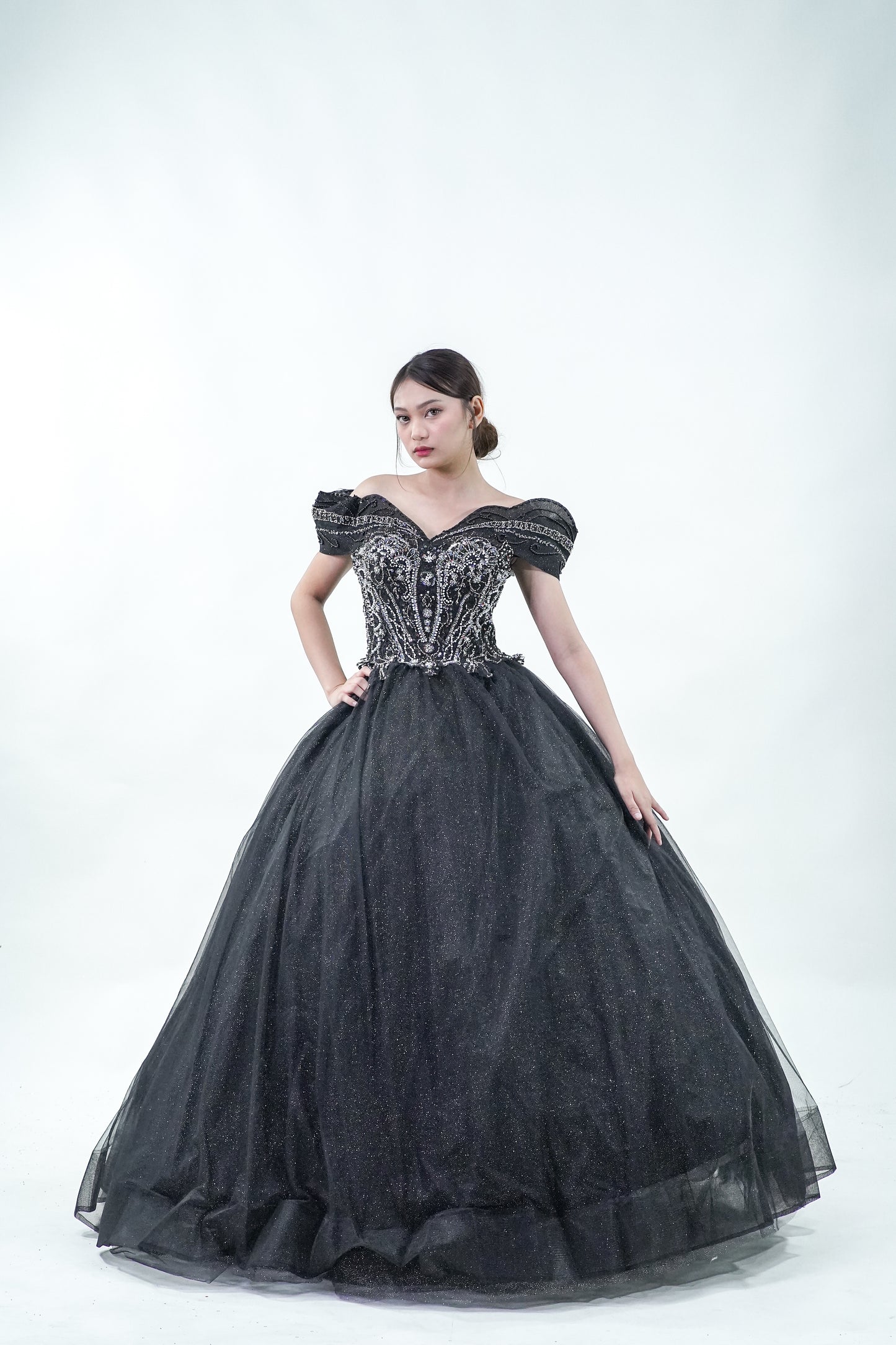 Off-Shoulder Midnight Black Ball Gown - Noelle West Bridals