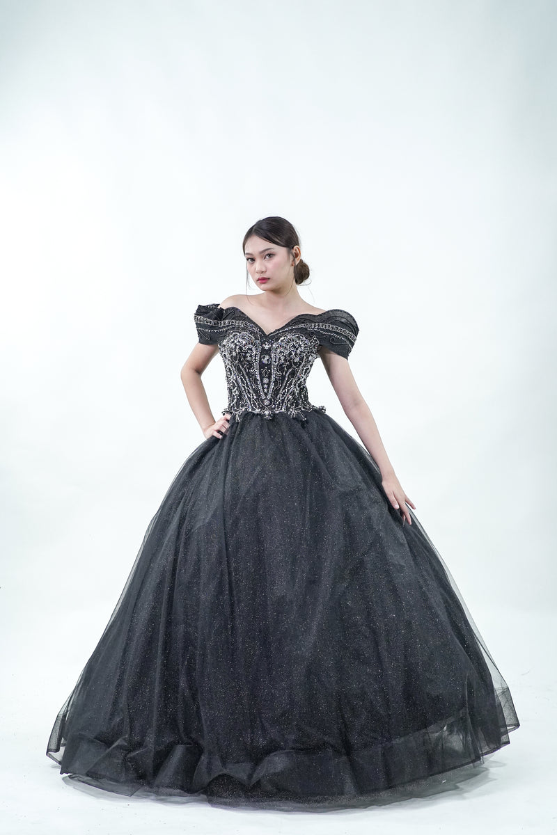Off-Shoulder Midnight Black Ball Gown - Noelle West Bridals