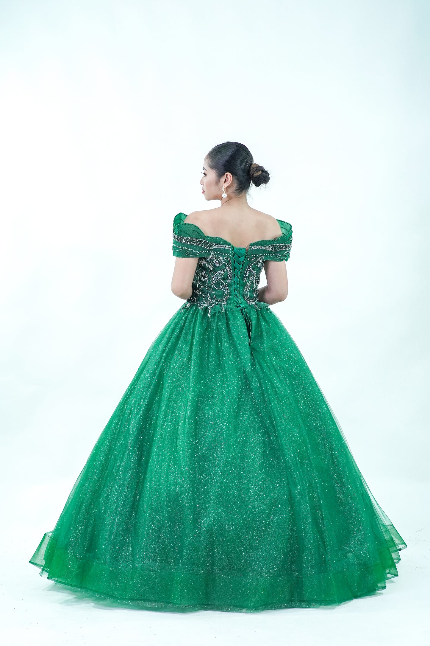 Off-Shoulder Green Masquerade Ball Gown - Noelle West Bridals