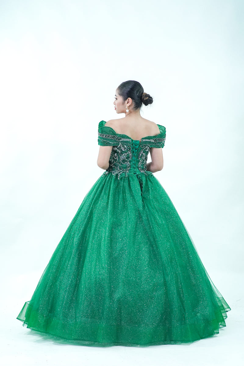 Off-Shoulder Green Masquerade Ball Gown - Noelle West Bridals