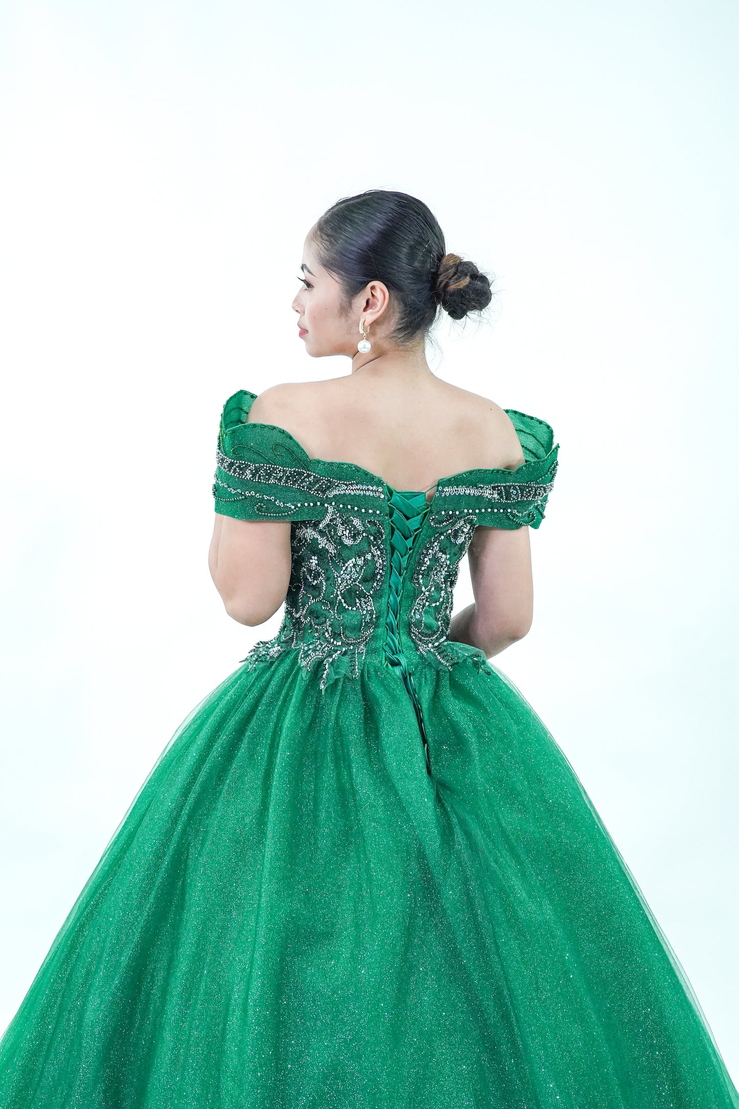 Off-Shoulder Green Masquerade Ball Gown - Noelle West Bridals