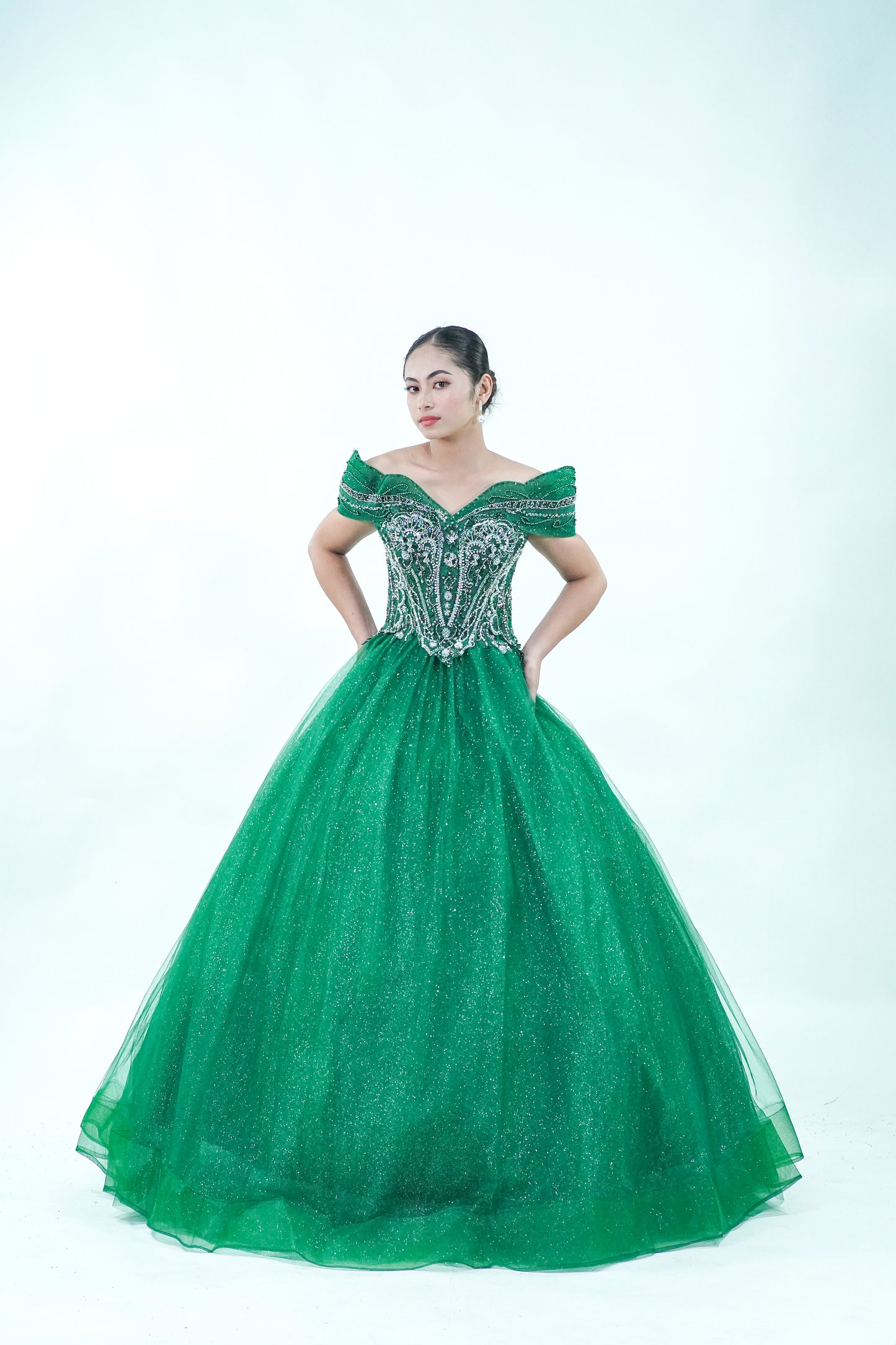 Off-Shoulder Green Masquerade Ball Gown - Noelle West Bridals