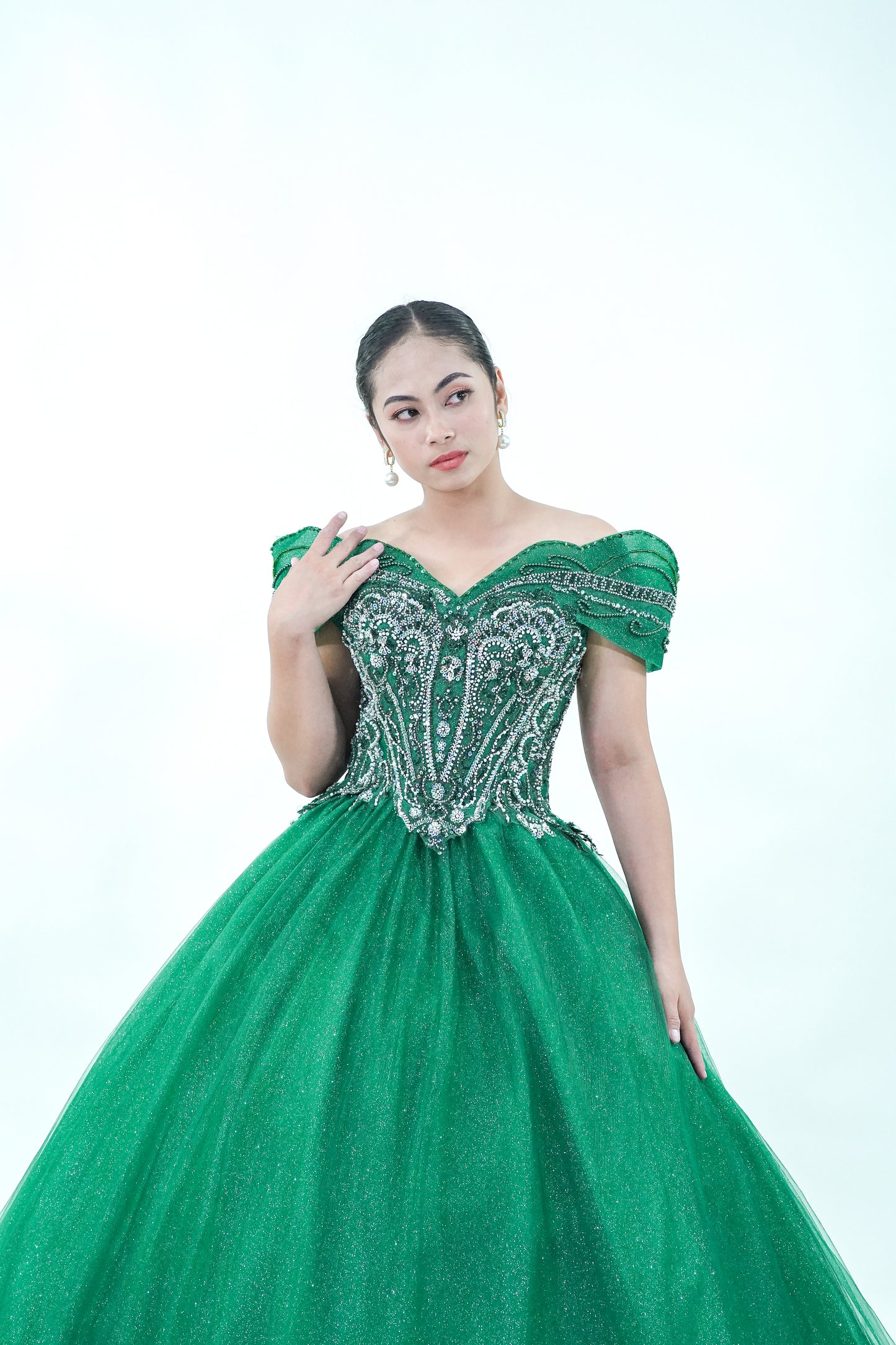 Off-Shoulder Green Masquerade Ball Gown - Noelle West Bridals