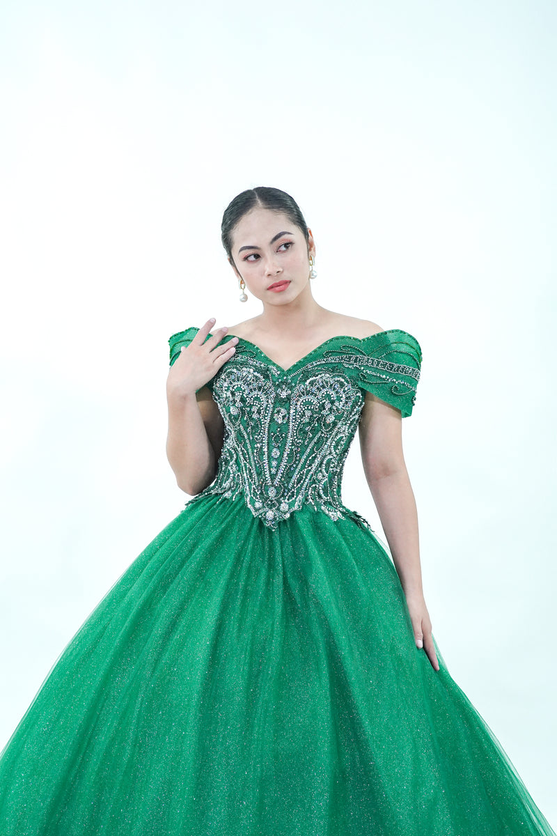 Off-Shoulder Green Masquerade Ball Gown - Noelle West Bridals