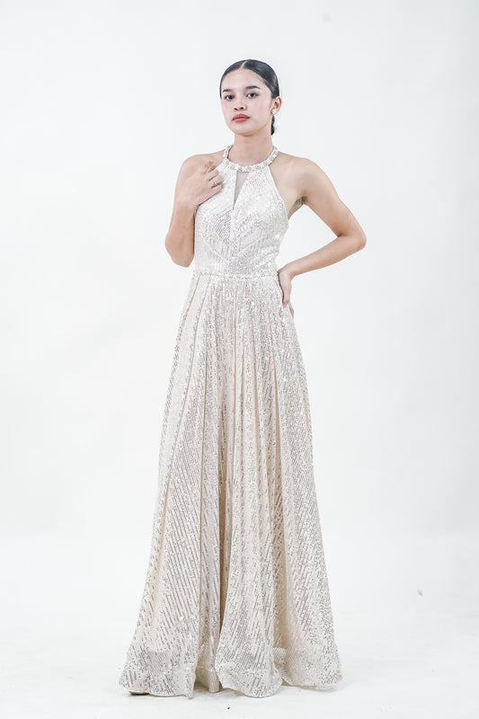 Halter Yellow Gold Sparkly Evening Gown - Noelle West Bridals