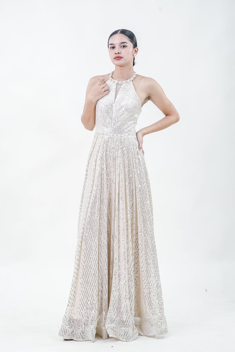 Halter Yellow Gold Sparkly Evening Gown - Noelle West Bridals
