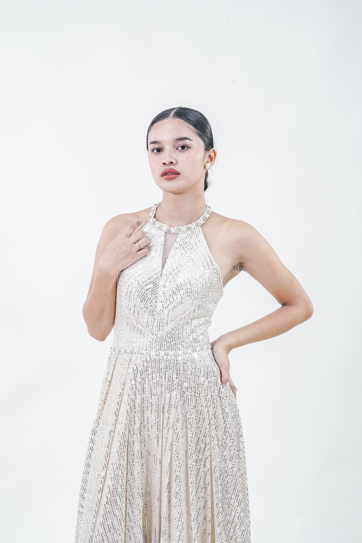 Halter Yellow Gold Sparkly Evening Gown - Noelle West Bridals