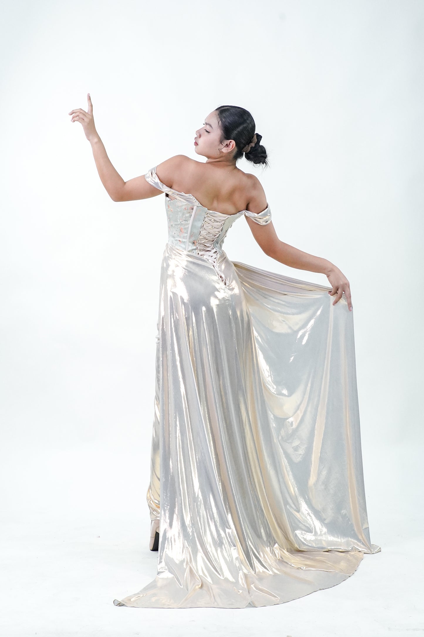 Chinese Inspired Corset Gold Print Evening Gown - Noelle West Bridals