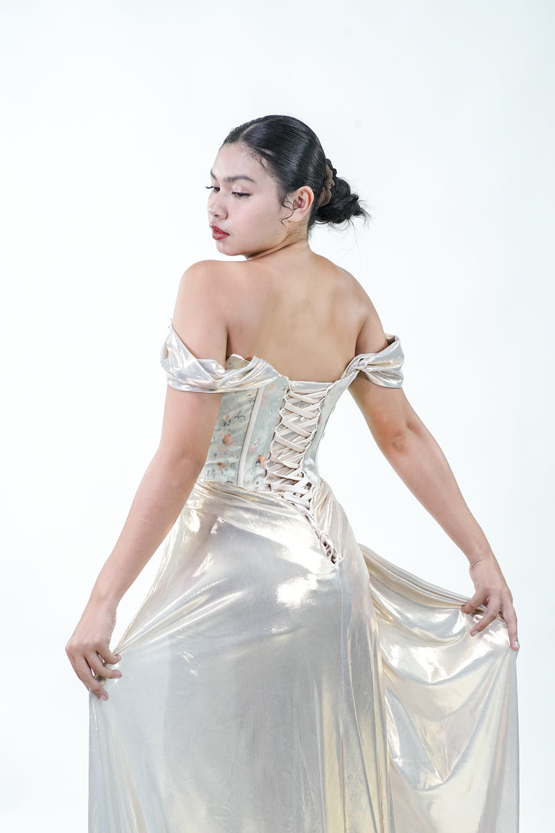 Chinese Inspired Corset Gold Print Evening Gown - Noelle West Bridals