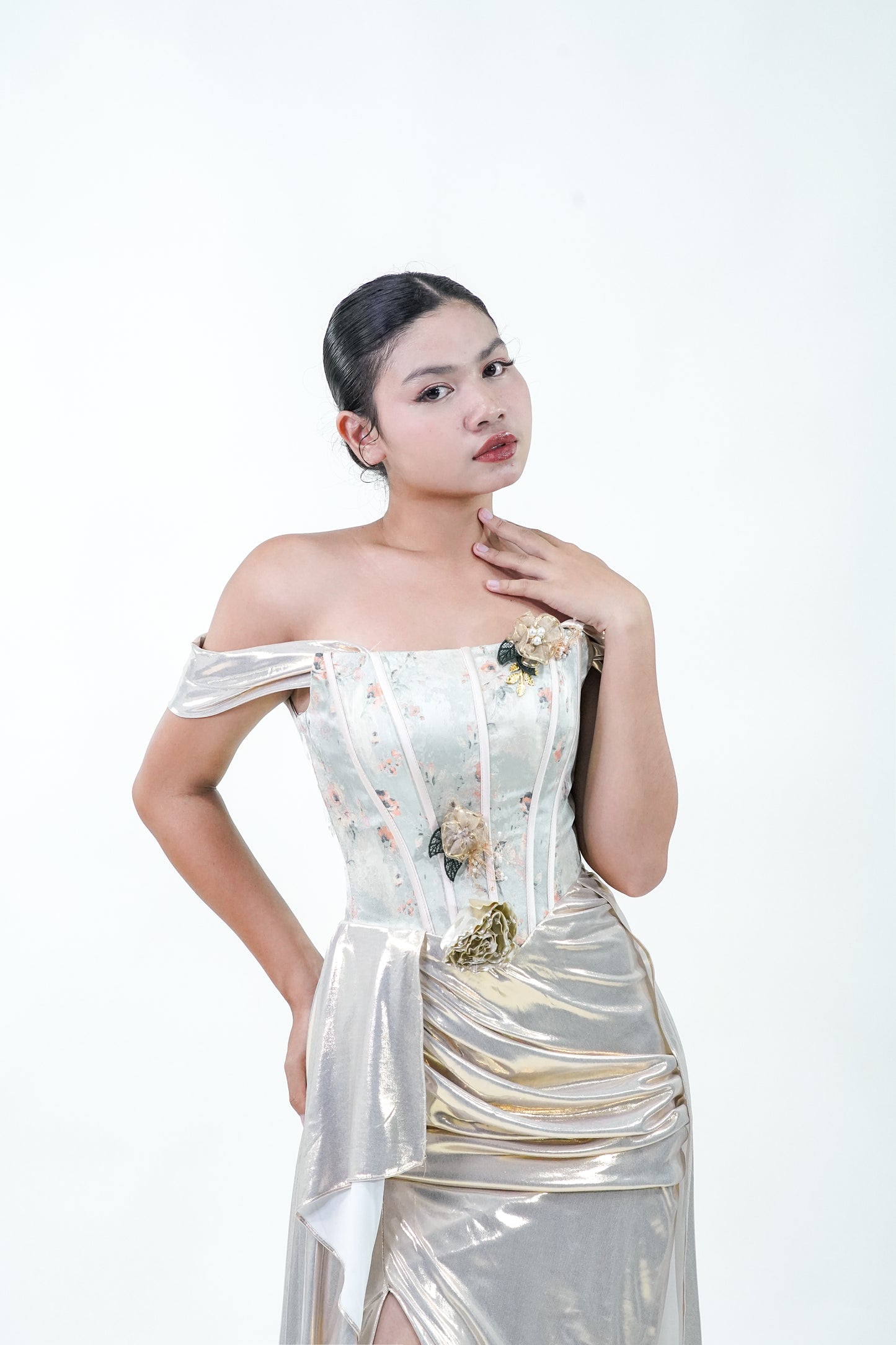 Chinese Inspired Corset Gold Print Evening Gown - Noelle West Bridals