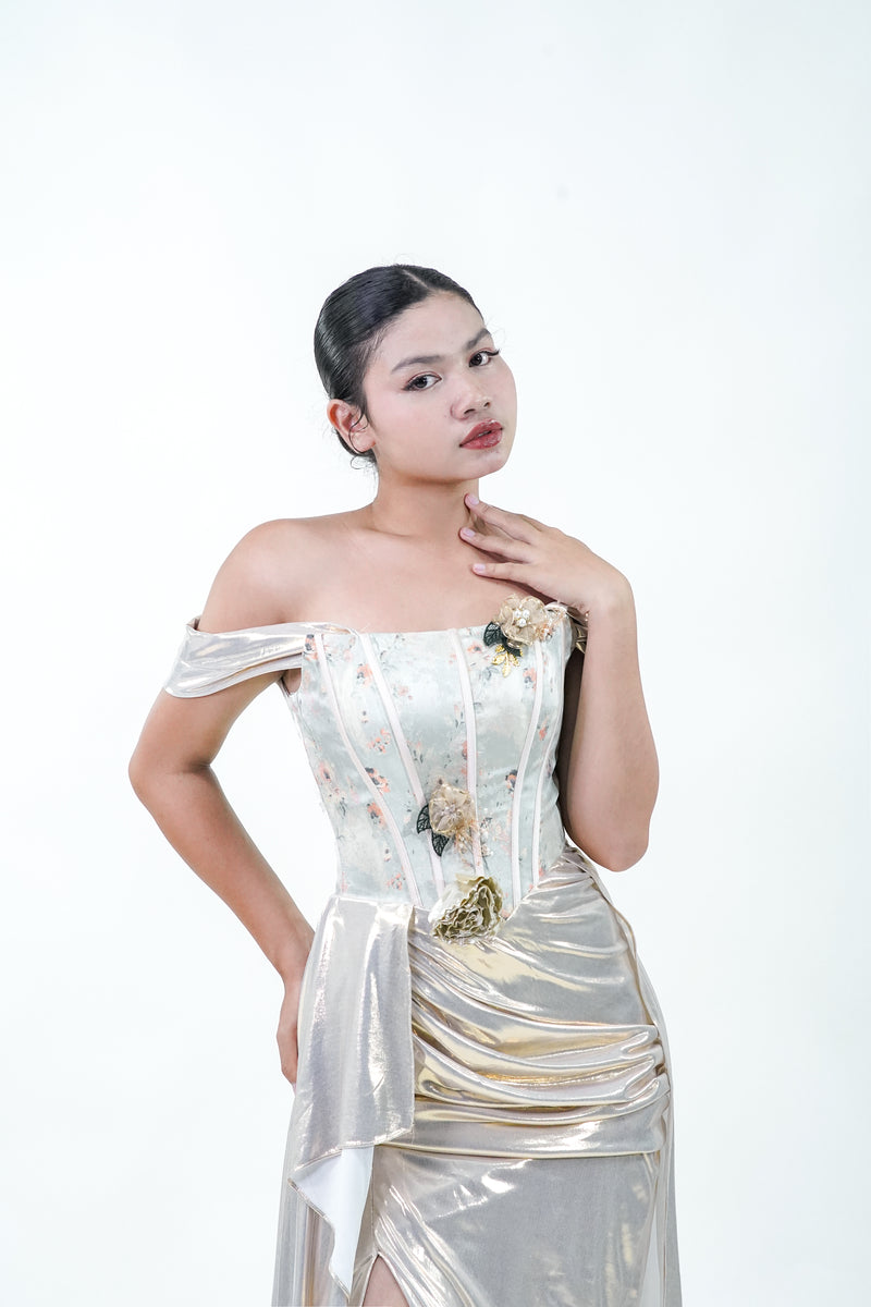 Chinese Inspired Corset Gold Print Evening Gown - Noelle West Bridals