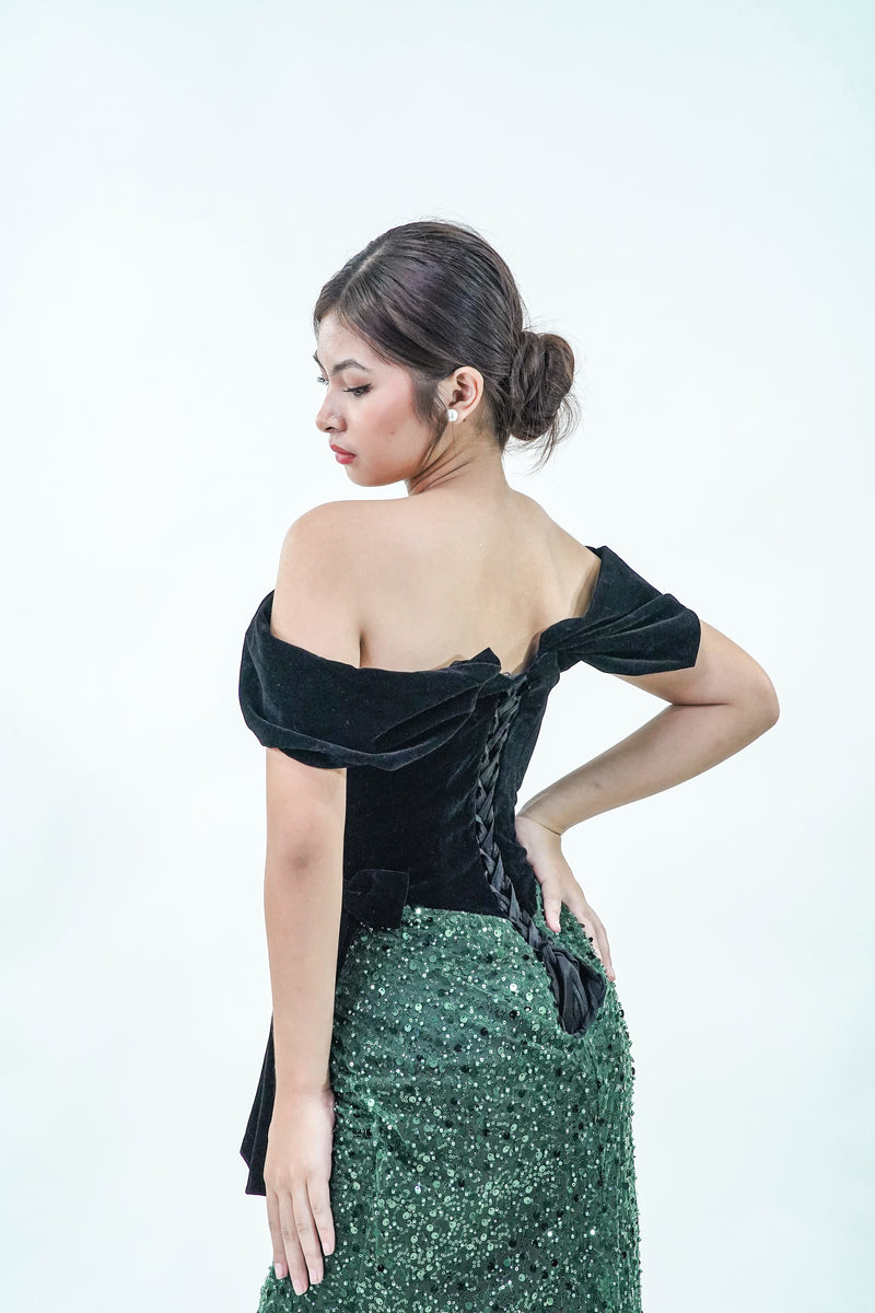 Velvet Off-Shoulder Green Black Evening Gown - Noelle West Bridals