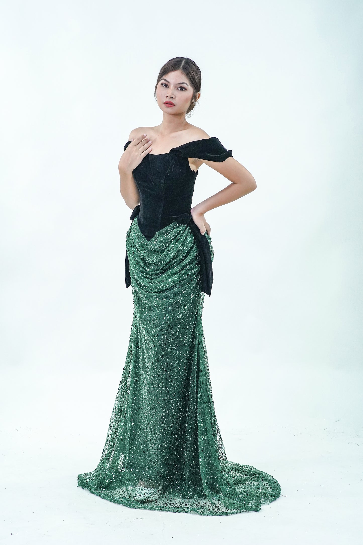 Velvet Off-Shoulder Green Black Evening Gown - Noelle West Bridals
