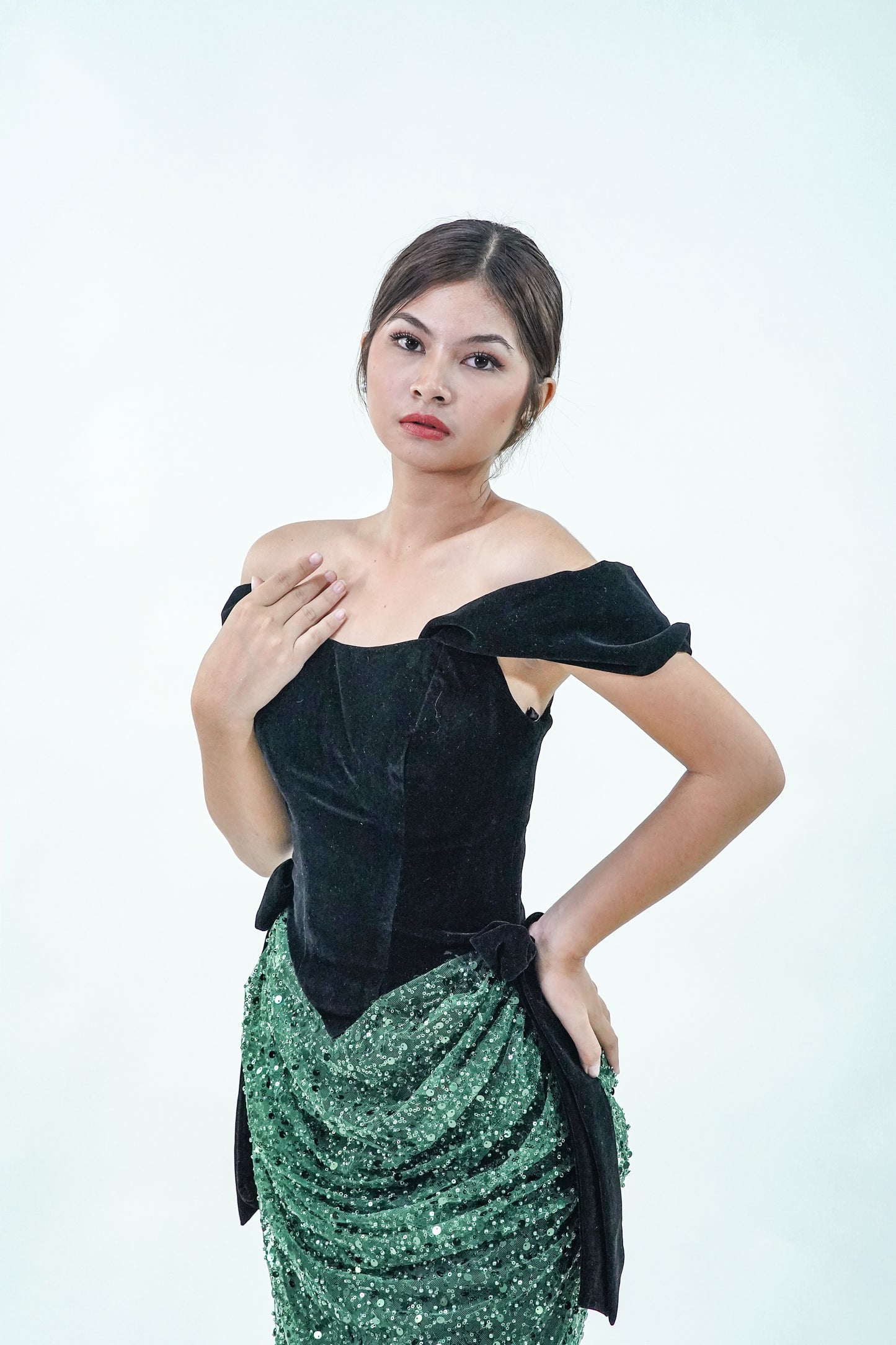 Velvet Off-Shoulder Green Black Evening Gown - Noelle West Bridals