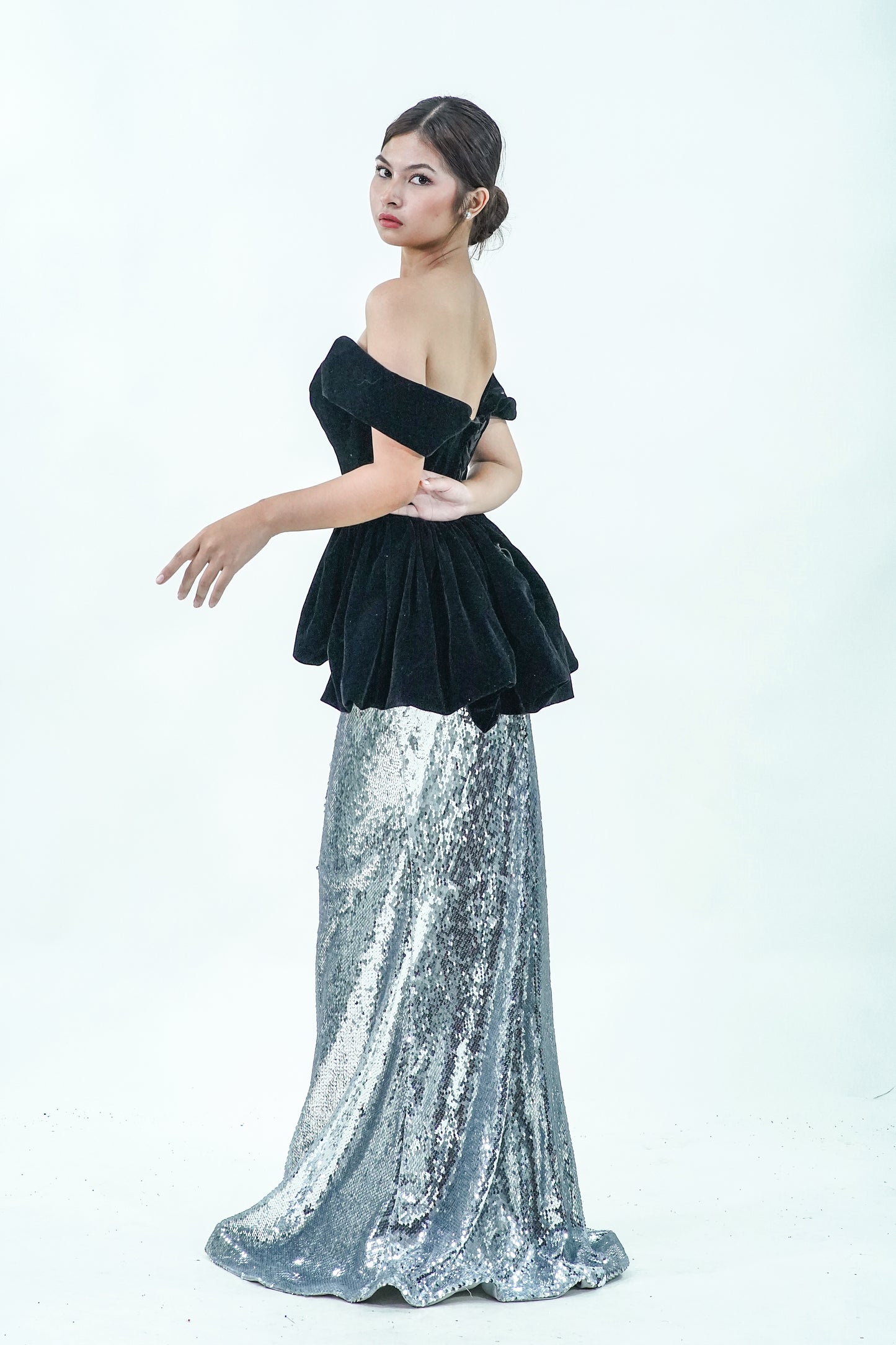 Velvet Off-Shoulder Black Silver Evening Gown - Noelle West Bridals