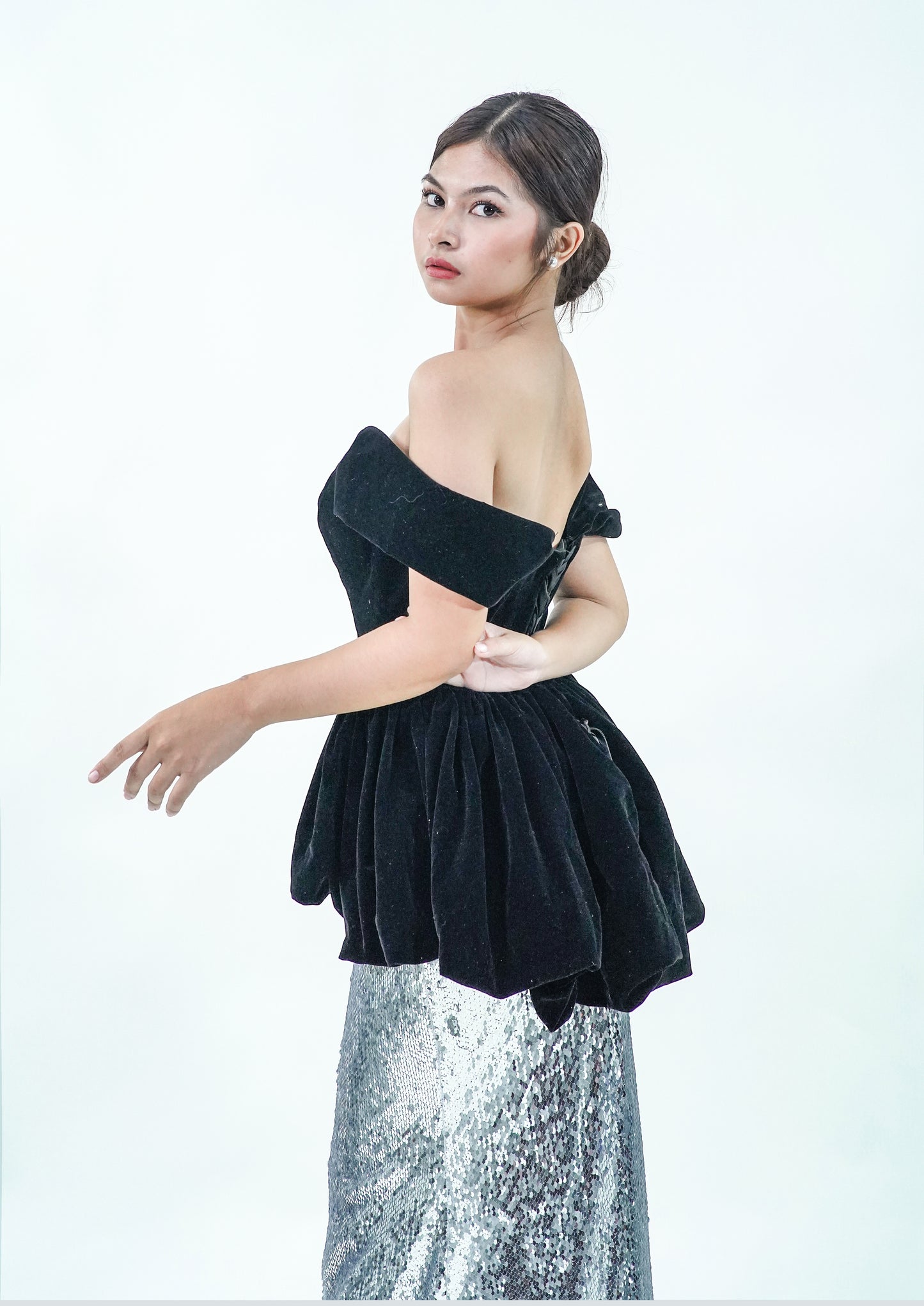 Velvet Off-Shoulder Black Silver Evening Gown - Noelle West Bridals