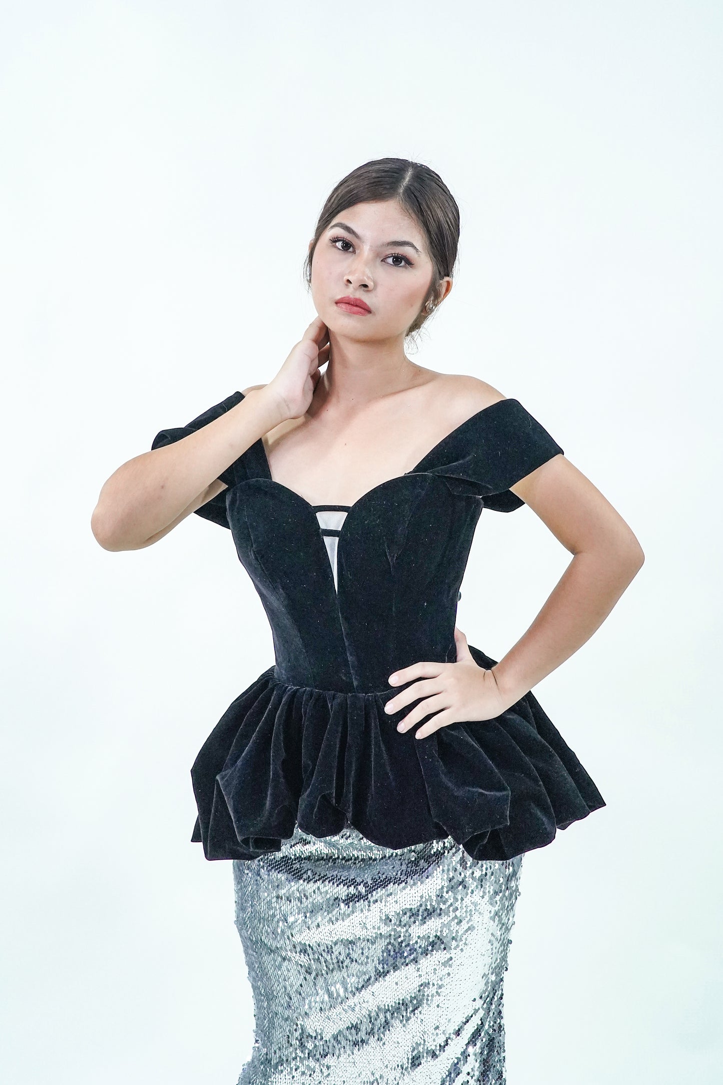 Velvet Off-Shoulder Black Silver Evening Gown - Noelle West Bridals