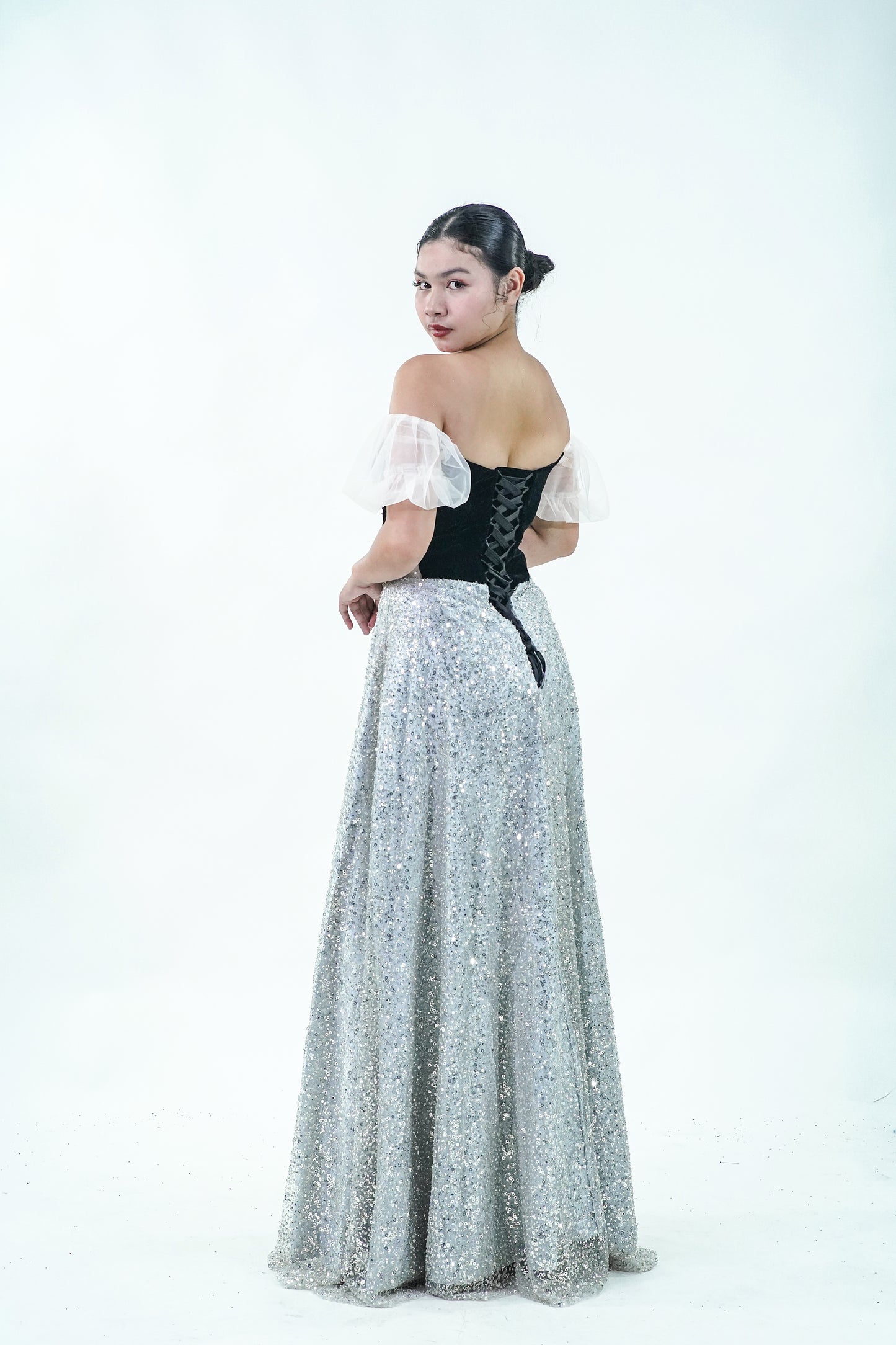 Off-Shoulder Sparkly Black Silver Velvet Evening Gown - Noelle West Bridals