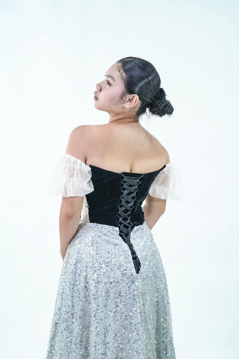 Off-Shoulder Sparkly Black Silver Velvet Evening Gown - Noelle West Bridals