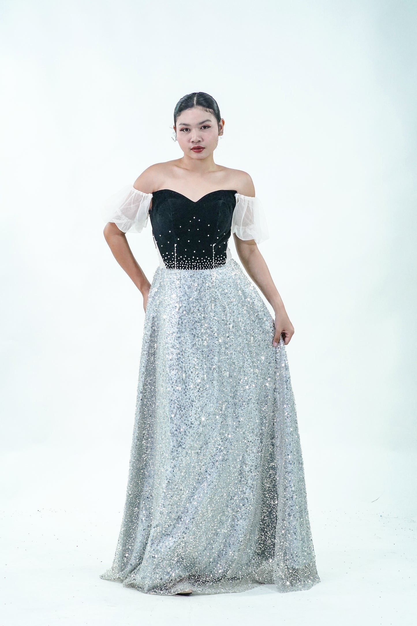 Off-Shoulder Sparkly Black Silver Velvet Evening Gown - Noelle West Bridals