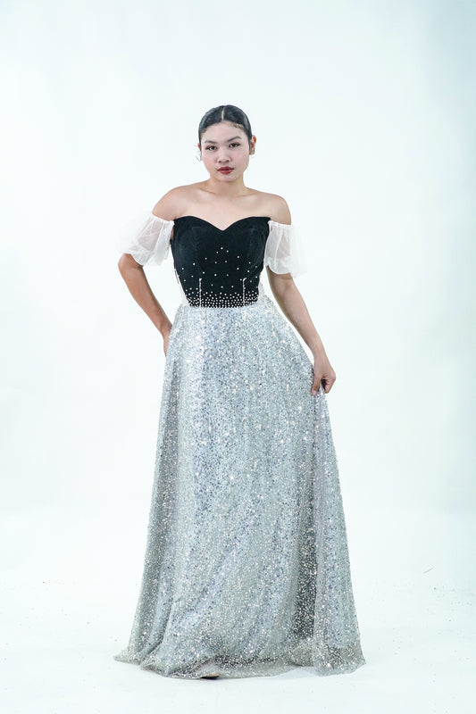 Off-Shoulder Sparkly Black Silver Velvet Evening Gown - Noelle West Bridals