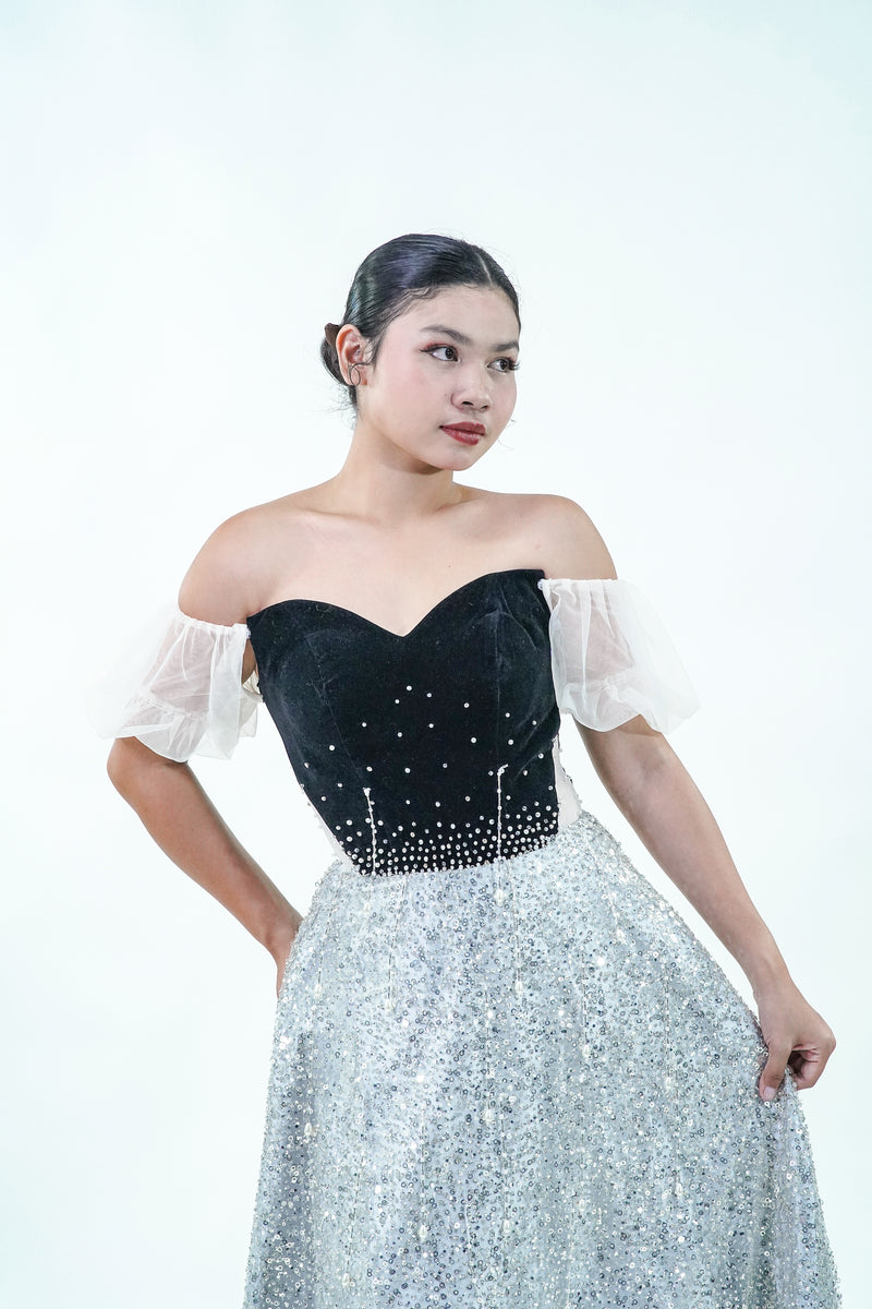Off-Shoulder Sparkly Black Silver Velvet Evening Gown - Noelle West Bridals