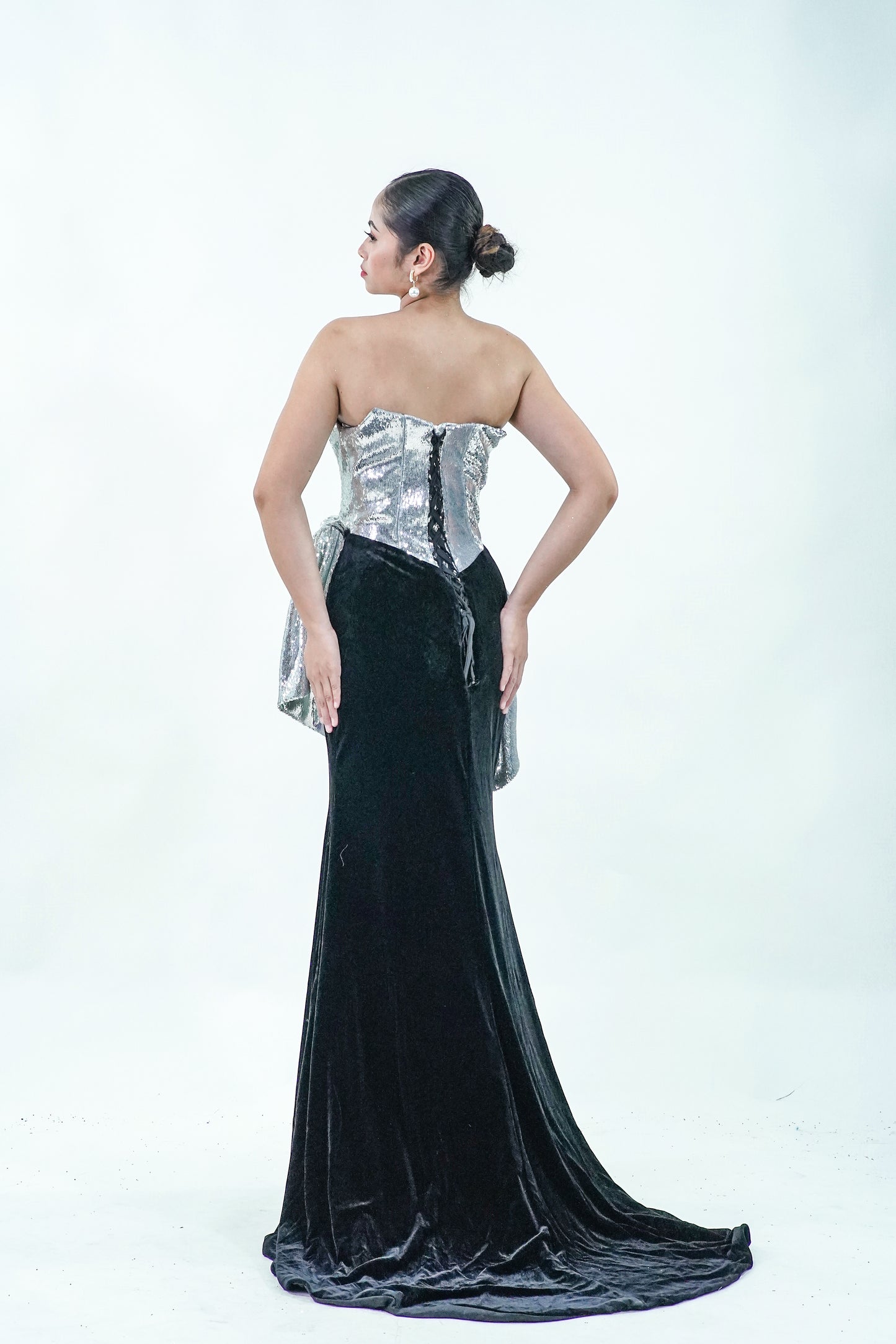 Tube Top Black Silver Velvet Evening Gown - Noelle West Bridals