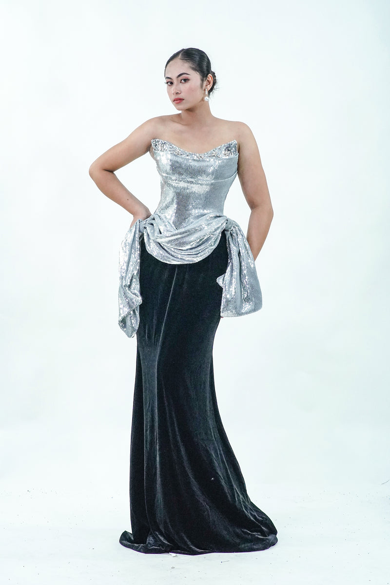 Tube Top Black Silver Velvet Evening Gown - Noelle West Bridals